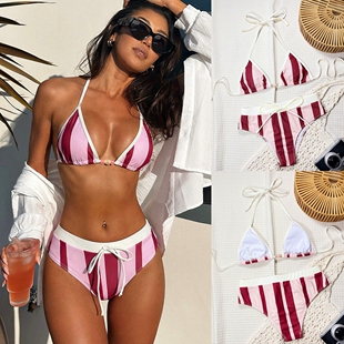 欧美两件套泳衣系绳漏背比基尼印花可爱性感分体泳装沙滩游泳衣女