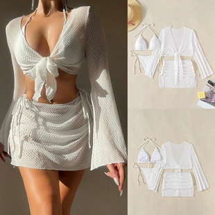 新款 白色简约四件套泳衣女士挂脖绑带性感比基尼纯欲包臀短裙泳装