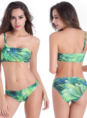 016新款肥婆泳衣热卖爆款加肥加大码M-6XL单肩比基尼性感印花泳衣