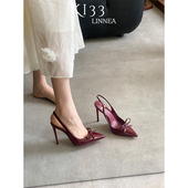 新款 蝴蝶结酒红色高跟鞋 尖头后空红底单鞋 KI33 性感细跟包头凉鞋