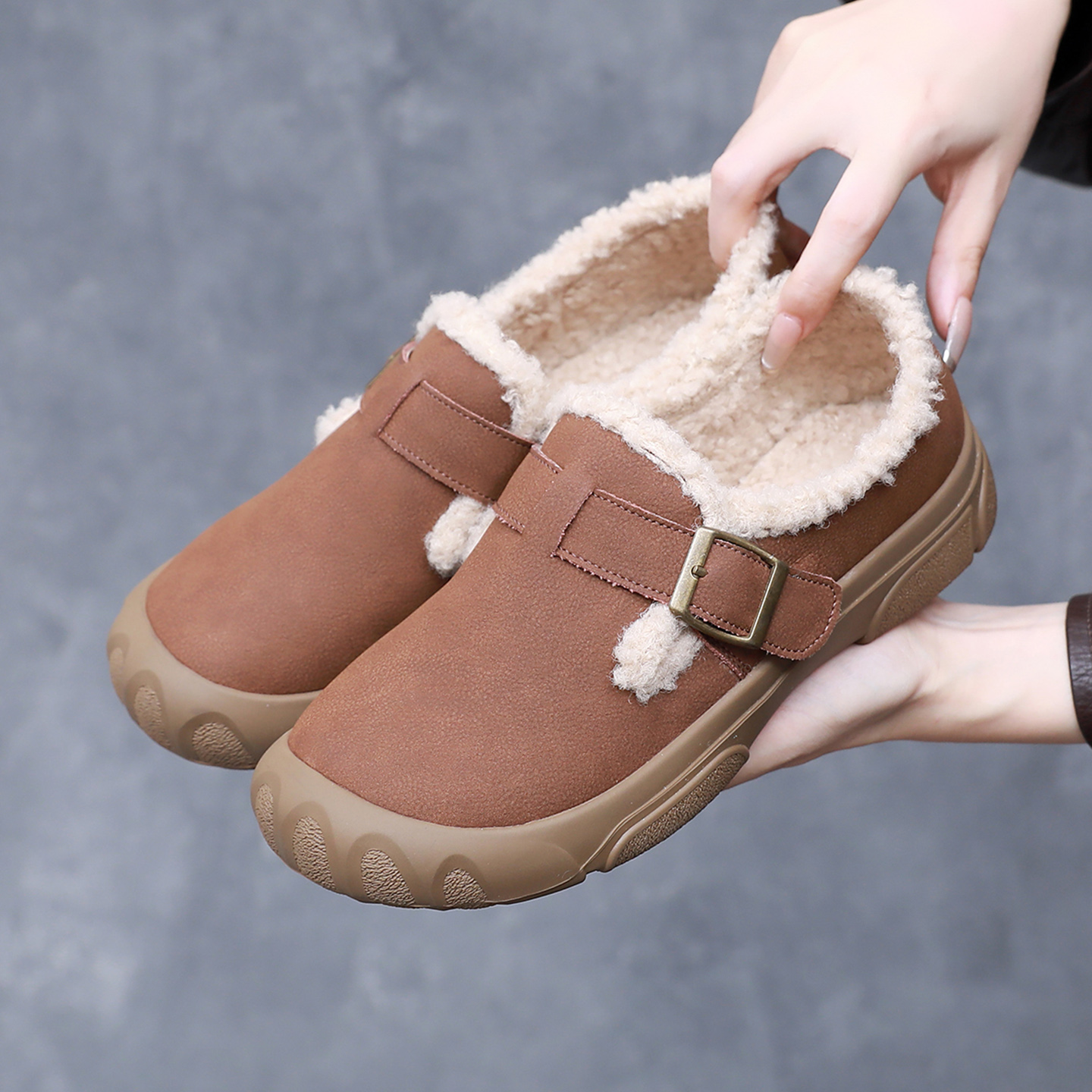 加绒厚底真皮勃肯鞋冬季女鞋保暖棉鞋百搭平底软底懒人鞋冬天鞋子