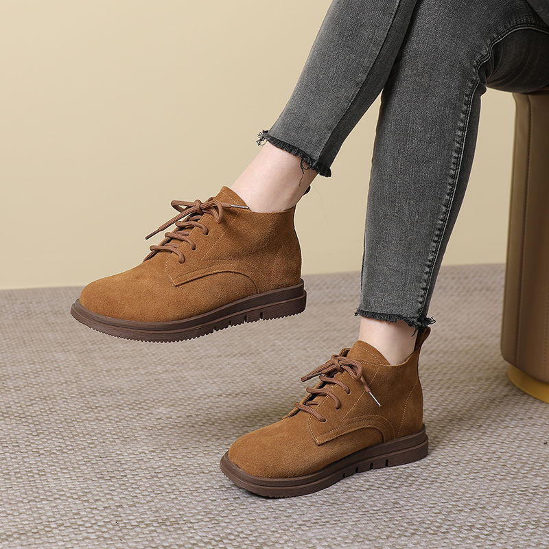 系带休闲磨砂真皮短靴女二棉鞋