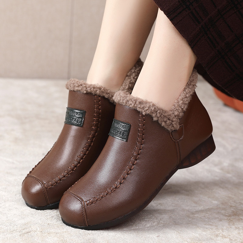 冬季真皮防滑妈妈鞋中老年舒适软底加绒老人棉鞋软皮鞋冬天女鞋子