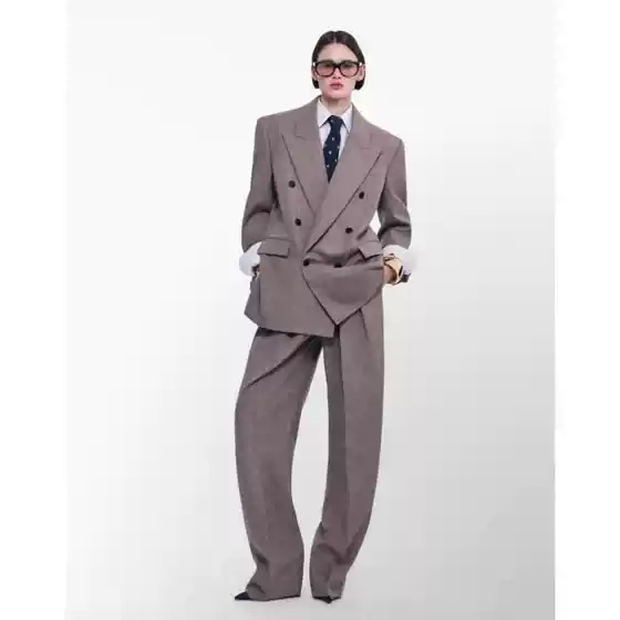 YSL New Runway Khaki Caviar Wool Double-Breasted Women's Suit Set