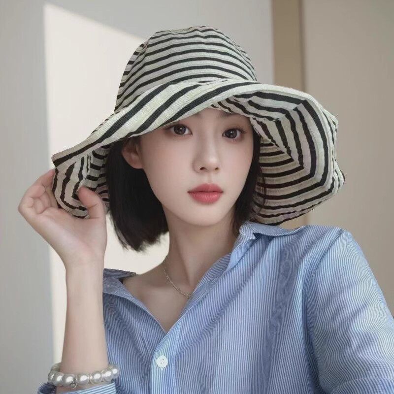 夏季黑白条纹大檐渔夫帽可折叠防晒遮阳帽海边度假显脸小透气帽子