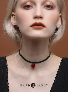 硬糖原创首饰黑色红色爱心细choker颈饰项链项圈颈带玛瑙银甜酷