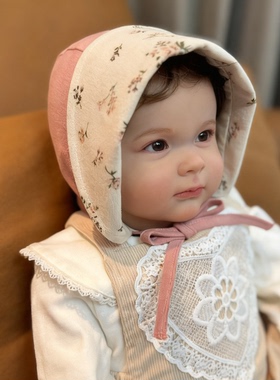 秋冬磨毛厚款婴儿公主碎花防晒宝宝遮阳大帽檐纯棉撞色双面戴帽子