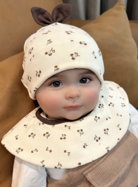 新生婴儿胎帽秋冬磨毛加厚款纯棉咖色樱桃立体耳朵男宝宝套头帽子