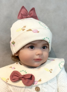 婴儿新生儿纯棉秋冬款磨毛保暖胎帽可爱蝴蝶结造型女宝加厚帽子