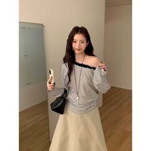T恤女宽松条纹套头显瘦上衣 木耳边一字肩长袖 2026春季 新款