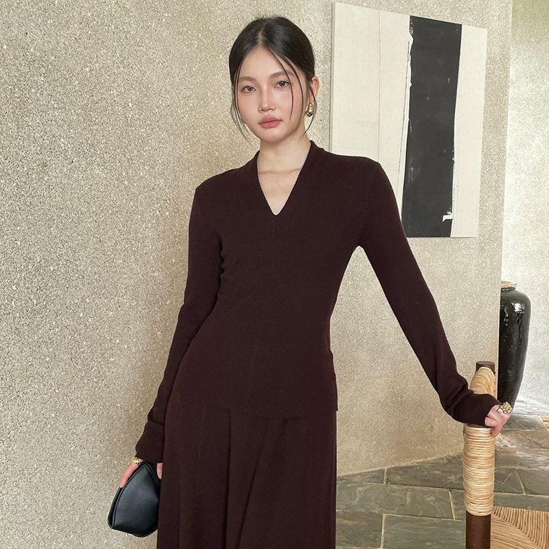 FONE简禾极简风V领针织衫女2025秋季新款百搭修身羊毛打底衫