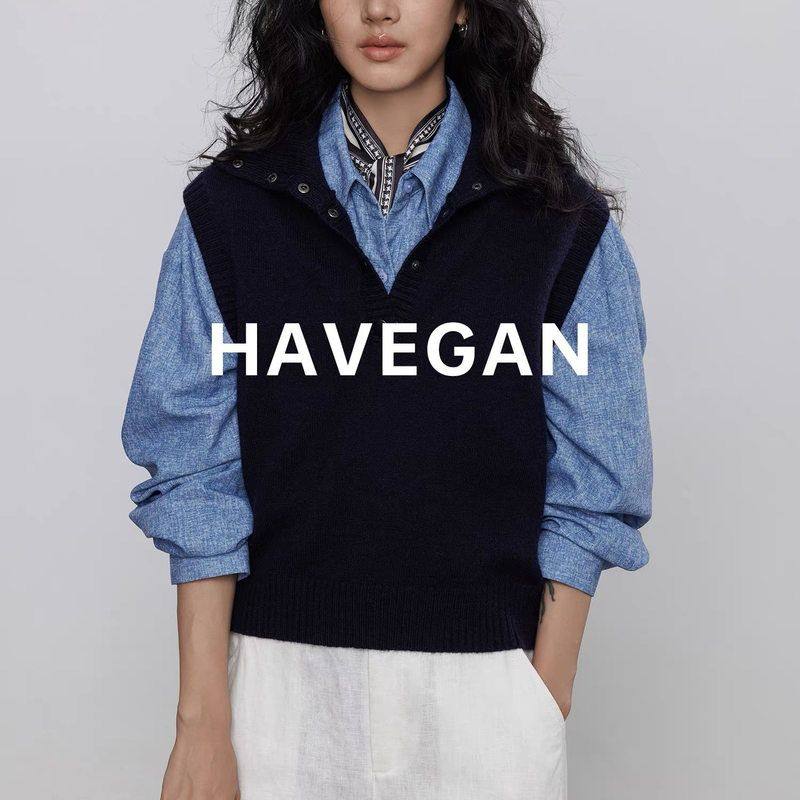 与间HAVEGAN/秋季翻领无袖针织马甲女软糯外穿毛衣背心慵懒上衣