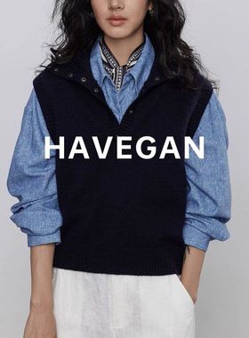 与间HAVEGAN/秋季翻领无袖针织马甲女软糯外穿毛衣背心慵懒上衣