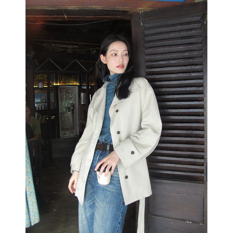 NEIHE内赫2026秋季老钱极简棉锦混纺大翻领宽松廓形风衣女