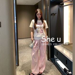 韩系甜美波点松紧腰休闲裤2026夏季百搭休闲显瘦长裤