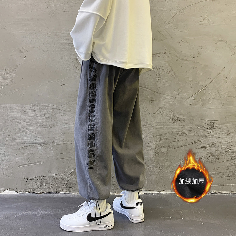 秋冬加绒加厚休闲裤宽松侧边印花束脚裤KK84P45加绒P50,男装休闲裤,星座712