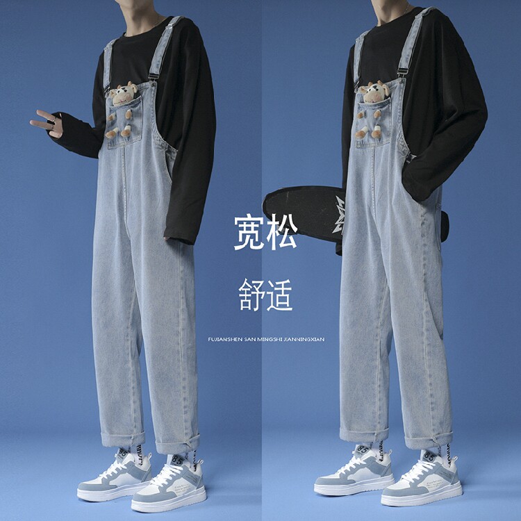 春夏破洞牛仔背带裤 中性印花9分连体裤 -BD53- p68图片