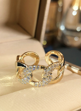 甜酷风古巴链条微镶戒指简约