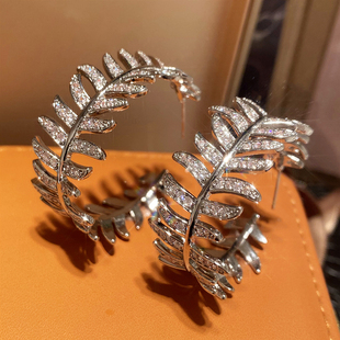 欧美奢华夸张橄榄枝耳环耳饰个性设计感立体叶子满钻闪钻耳圈耳钉