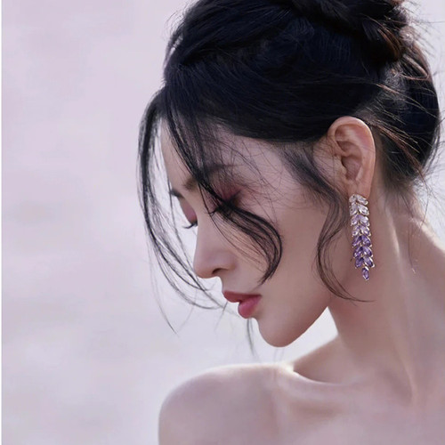 麦穗树叶耳环渐变流苏锆石紫色