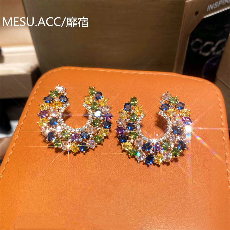 欧美气质时尚日常百搭耳环C形双层椭圆镶钻闪钻奢华彩钻耳钉女