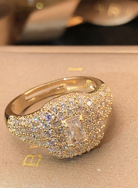 镶满钻方形开口戒指设计感指环