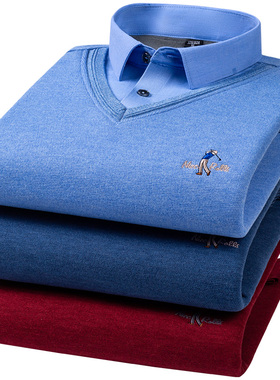 恺斯邦羊绒假两件毛衣男中青年羊毛衬衫领加绒加厚保暖爸爸装上衣