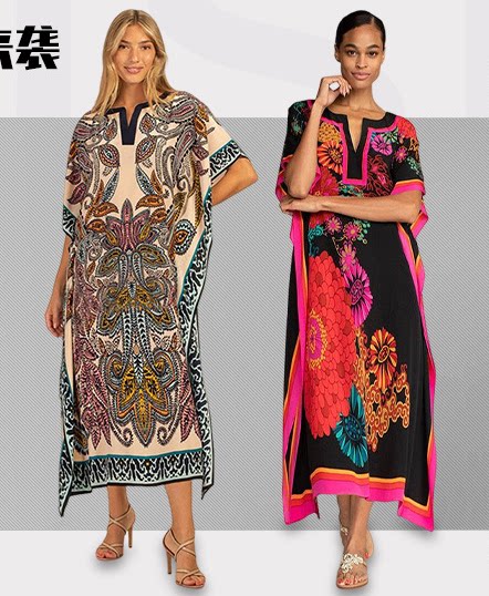 欧美腰果花印花裙海边度假裙宽松波西米亚沙滩裙泰国度假连衣裙