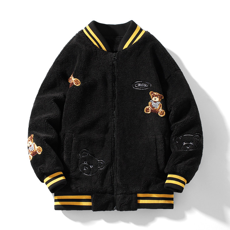 3日系白底冬季宽松小熊绣花加棉羊羔毛棉服XZ405-1-Y13,男装棉衣,星座405-1