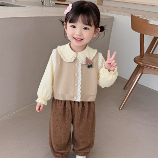 女童春秋装套装2025新款洋气爆款婴幼儿女宝宝休闲毛衣马甲三件套