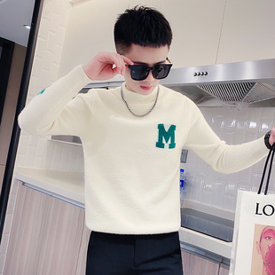 潮牌半高领字母毛衣男装冬款修身加厚保暖白色套头流行打底衫线衣