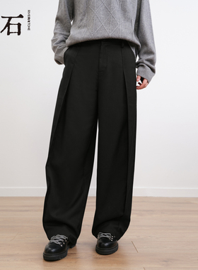 流石男装轻奢宽松休闲长裤2025年冬季新款男士经典黑色防风阔腿裤