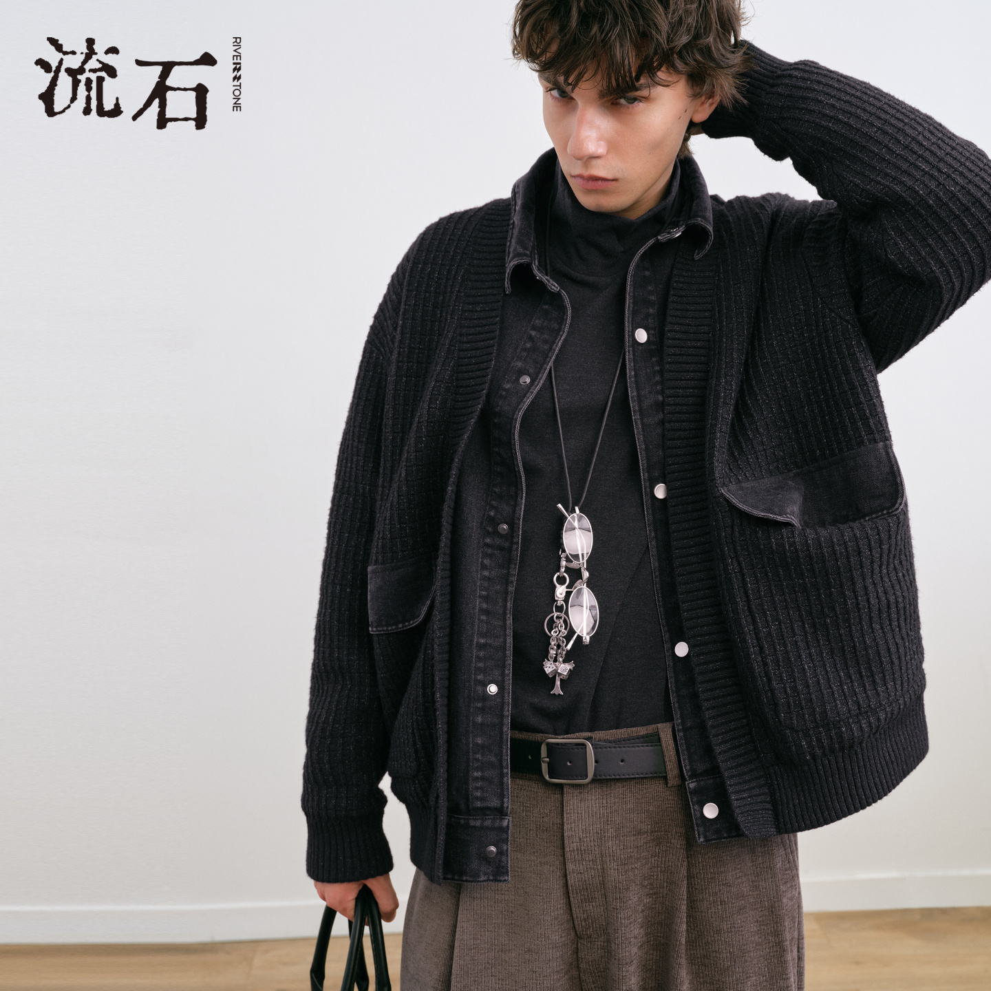 商场同款流石男装牛仔针织羽绒服