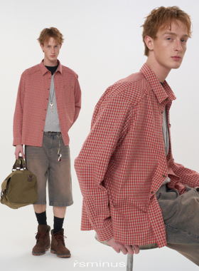 riverstone男装美式复古小格纹短款毛边衬衫2026春季新款休闲衬衣