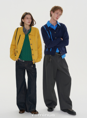 riverstone男女同款撞色复古宽松翻领外套2026春季新款针织开衫女