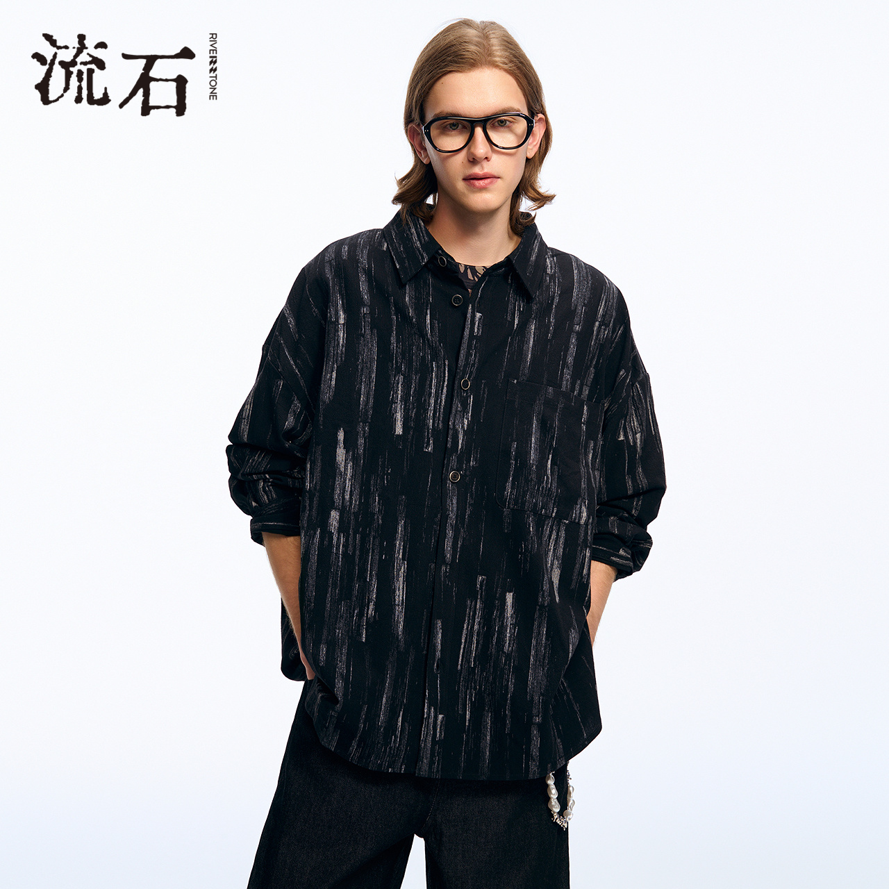 商场同款流石男装条纹长袖衬衫潮