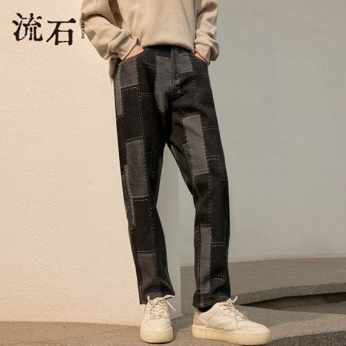 流石男装时尚拼接厚款休闲牛仔裤