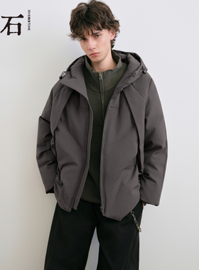 流石男装户外风短款羽绒服2025年冬季新款男士肌理连帽外套易打理