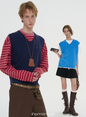 riverstone男女同款复古学院绞花毛衣马甲春季新款V领针织背心男