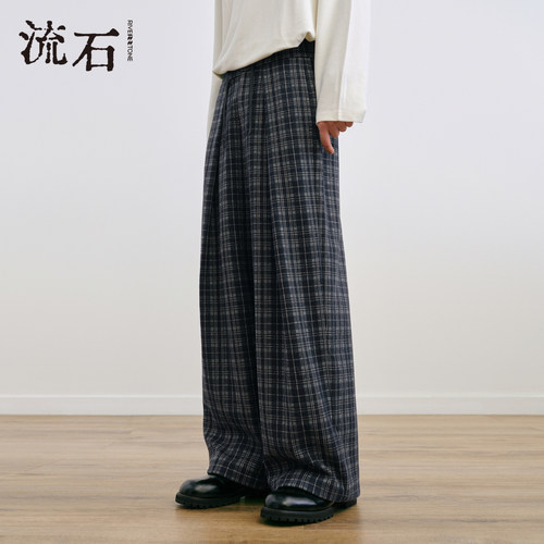 商场同款流石男装复古格纹阔腿裤