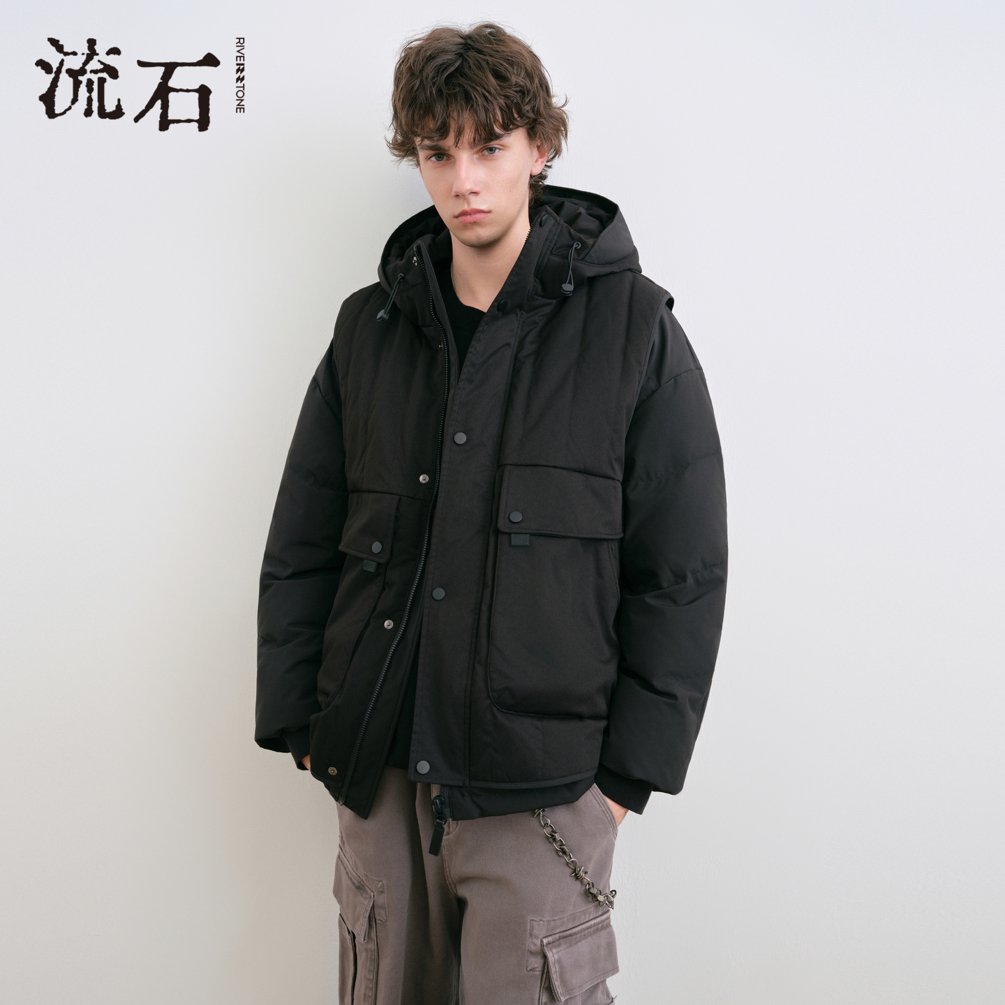 商场同款流石男装假两件羽绒衣潮