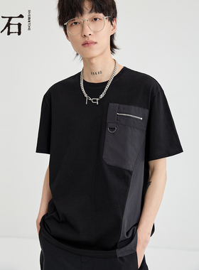 流石男装夏装设计感圆领短袖T恤新款20262年夏季男款轻奢拼接透气