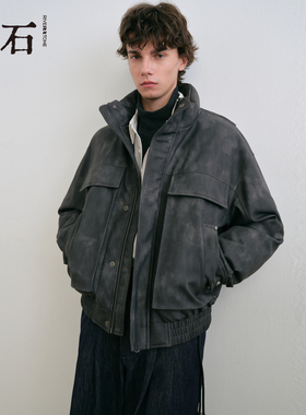 流石男装复古扎染风人造革羽绒服2025年冬季男款工装风白鸭绒外套