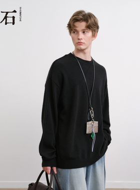 流石男装简约提花圆领长袖毛衫2025年冬季新款男士黑色羊毛针织衫