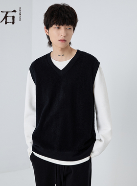 流石男装高端时尚黑色针织马甲2026年秋冬季新款男士宽松舒适背心
