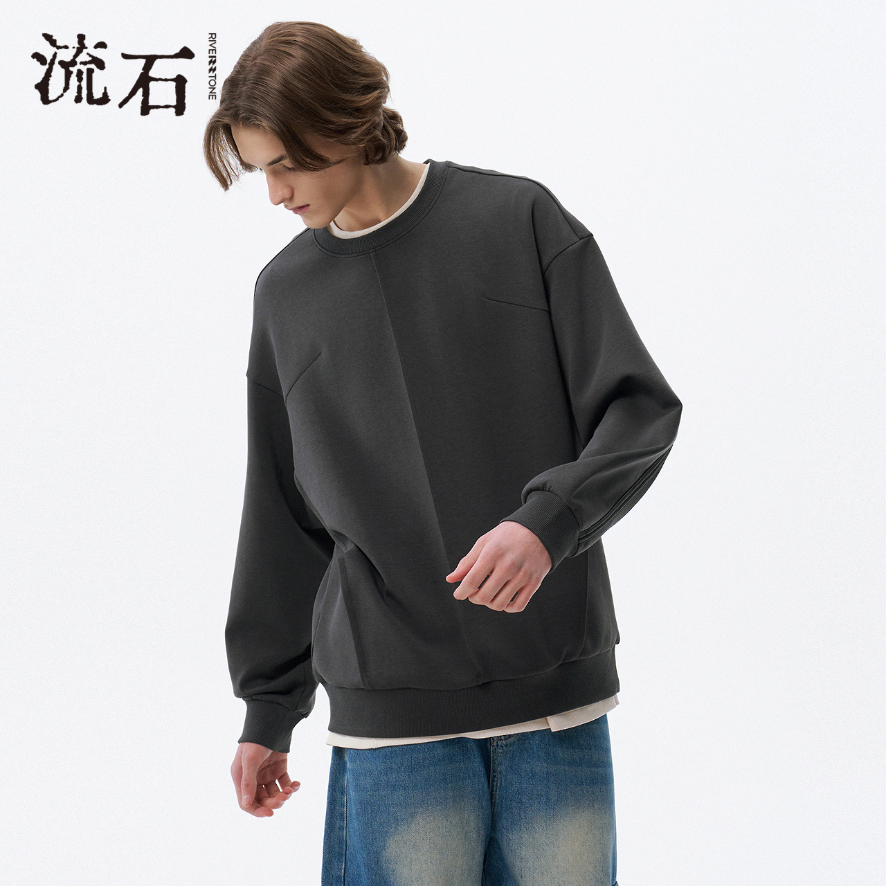 商场同款流石男装宽松弯刀袖卫衣