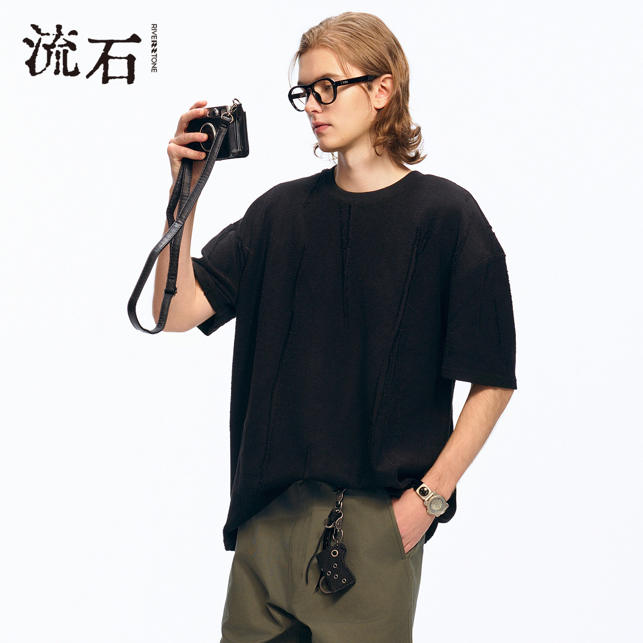 流石男装做旧提花短袖T恤2025年夏季新款男士休闲毛圈圆领套头衫