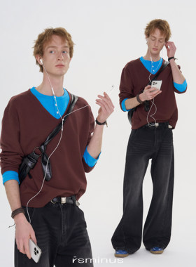 riverstone男装假两件撞色打底亨利领毛衣春季新款套头针织衫男生