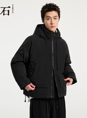 RS流石男装简约假两件连帽短款羽绒服2025年冬季新款男士防寒外套