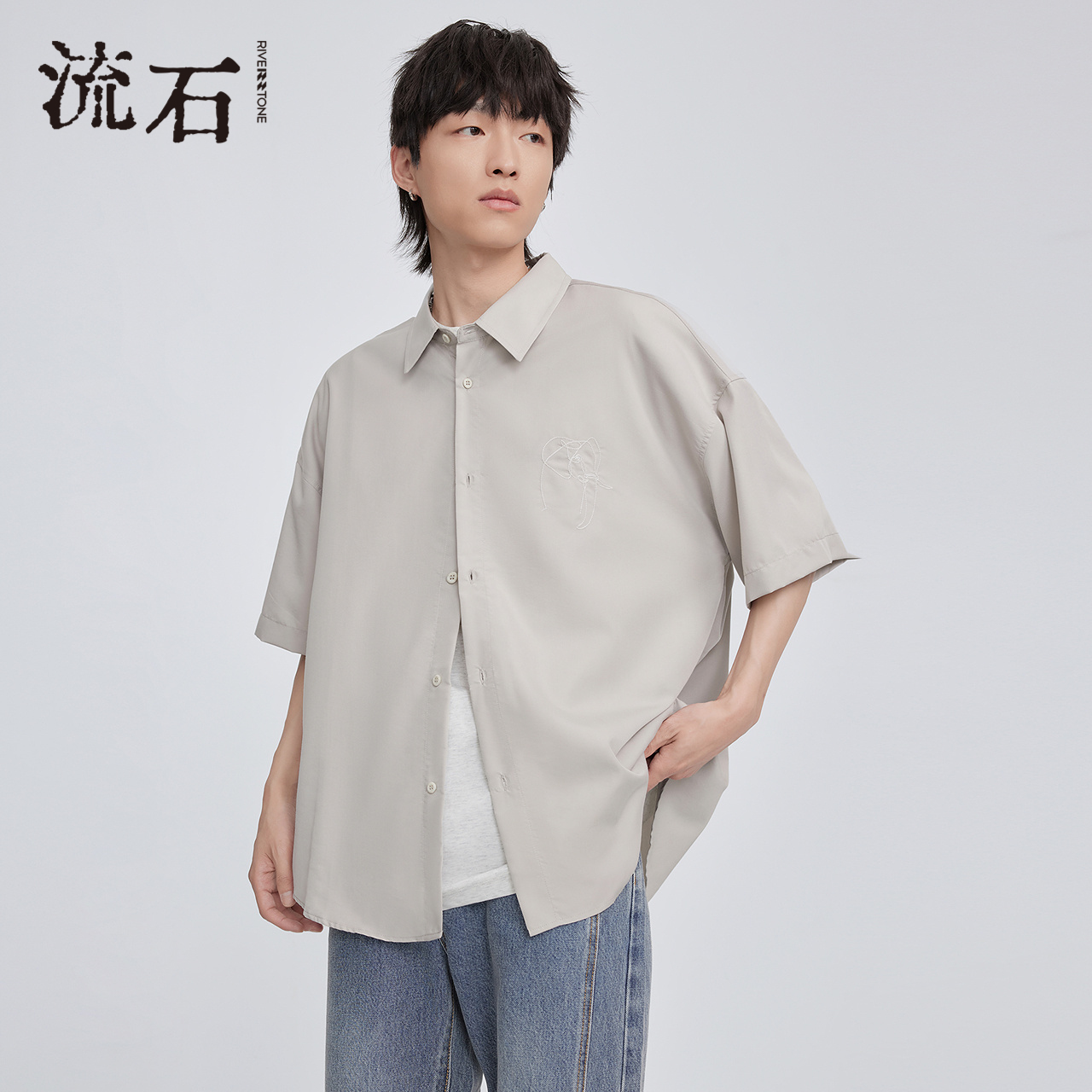 RS流石男装高端天丝刺绣中袖衬衫